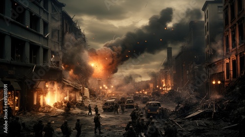 War in city streets. Explosions. Military men, soldiers. Armed conflict. World war. Fire and destruction. Destroyed city. AI Generated