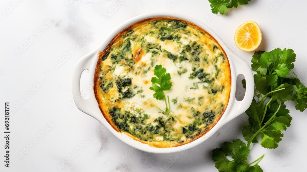  a casserole dish with broccoli, cheese, and parsley next to a lemon wedge on a white counter top with a green leafy garnish.