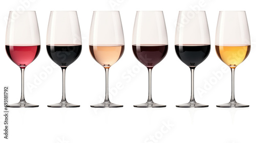 Set of white, rose, and red wine glasses isolated on transparent background photo