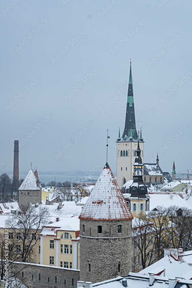 view over Tallinn with snow covered roofs in winter