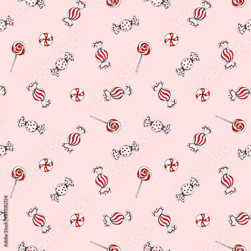 Christmas raster seamless pattern with candies on a pink background