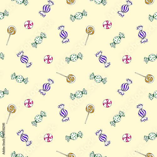 Seamless pattern of colorful Christmas candies on a beige background