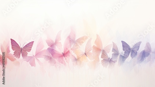  a group of pink and purple butterflies flying in the air on a white background with a blurry image of the back side of the image of the butterfly's wings. photo