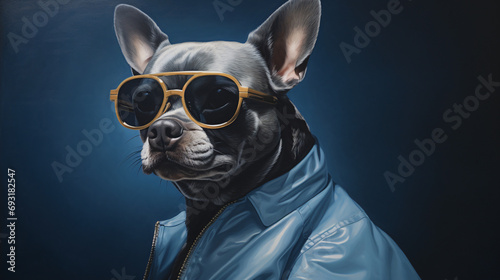  A dogs dressed in a blue shirt and sunglasses photo