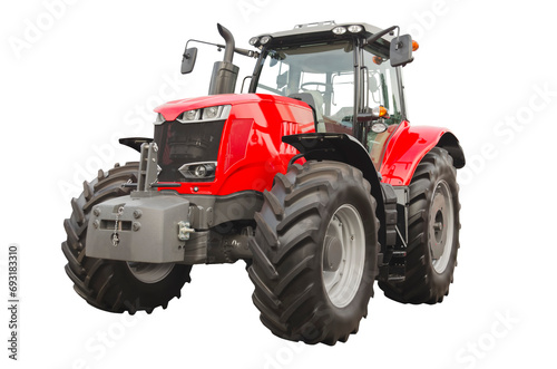 Big red agricultural tractor, front view