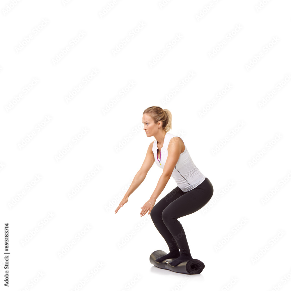 Woman, exercise and mat in studio for workout, pilates or fitness for healthy body, wellness or balance. Person, face and yoga in sportswear for physical activity on mock up space or white background