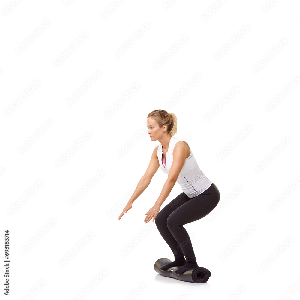 Woman, exercise and mat in studio for workout, pilates or fitness for healthy body, wellness or balance. Person, face and yoga in sportswear for physical activity on mock up space or white background Woman, exercise and mat in studio for workout, pilates or fitness for healthy body, wellness or balance. Person, face and yoga in sportswear for physical activity on mock up space or white background