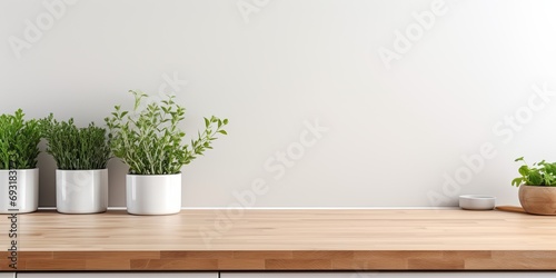 Minimal white kitchen interior with silver hood and wooden countertop  showcasing a real photo of plants.