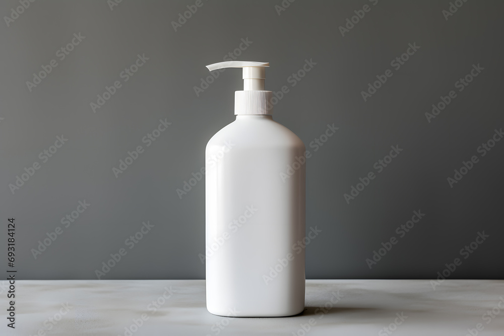 White empty cosmetic liquid dispenser bottle of soap, lotion, shampoo or shower gel mock up isolated in modern bathroom interior