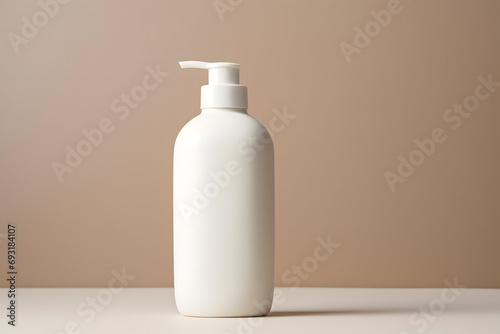 White empty cosmetic liquid dispenser bottle of soap, lotion, shampoo or shower gel mock up isolated in modern bathroom interior © Oksana