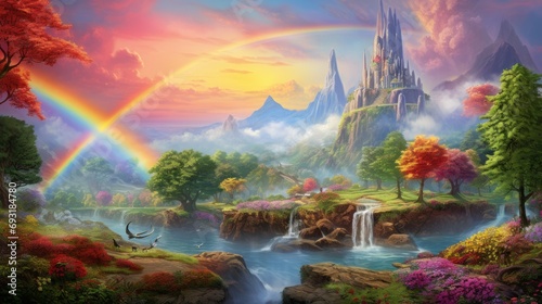  a painting of a waterfall with a castle in the background and a rainbow in the middle of the picture, and a rainbow in the middle of the painting of the picture.