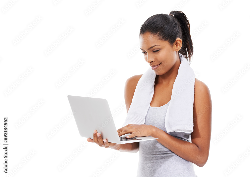 Fitness, internet and woman with a laptop, typing and smile isolated on a white studio background. Person, girl and model with a computer, connection and online with information, wellness and tech Fitness, internet and woman with a laptop, typing and smile isolated on a white studio background. Person, girl and model with a computer, connection and online with information, wellness and tech