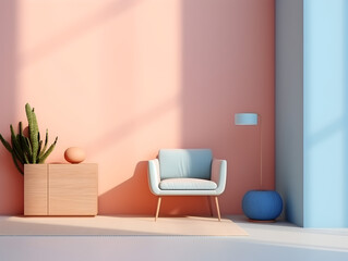 Leinwandbilder Pantone 2024 Peach Fuzz Modern interior design with a armchair in pastel blue and peach fuzz color wall, light and shadows   © TatjanaMeininger