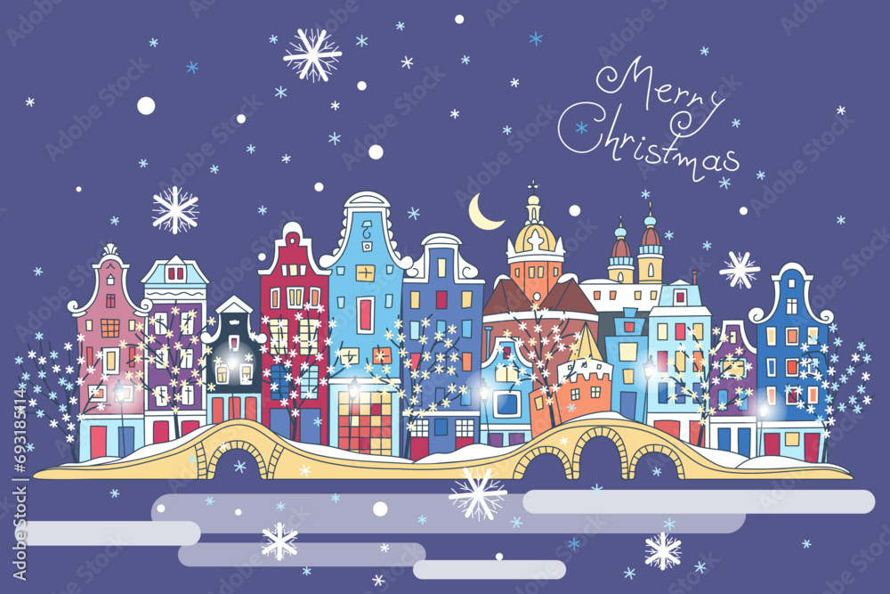 Christmas night city with traditional european houses and Christmas lights