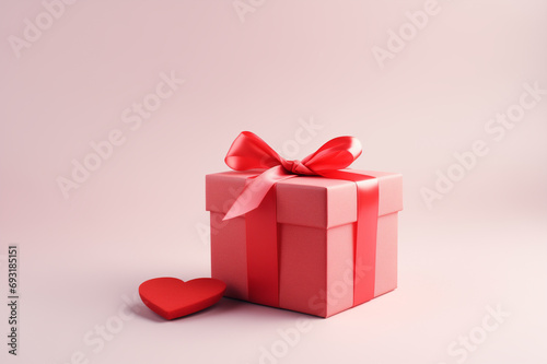 Cute red box with heart on plain background. Valentine's Day gift box. A gift given with love. 