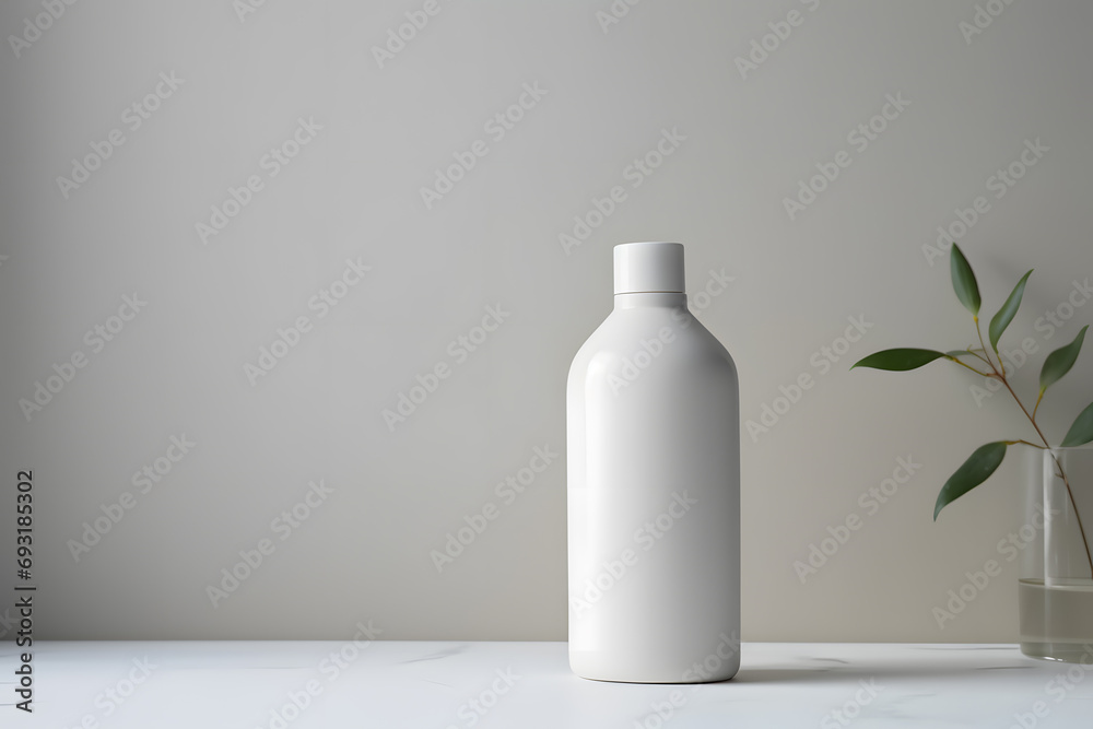 White empty shampoo bottle mock up in modern bathroom interior White empty shampoo bottle mock up in modern bathroom interior