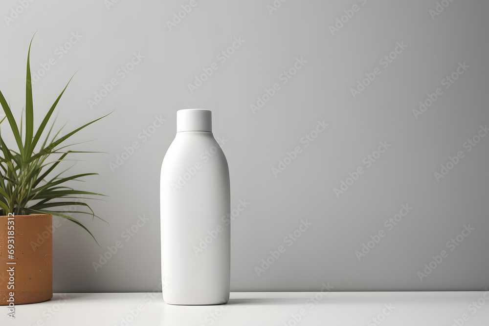 White empty shampoo bottle mock up in modern bathroom interior White empty shampoo bottle mock up in modern bathroom interior