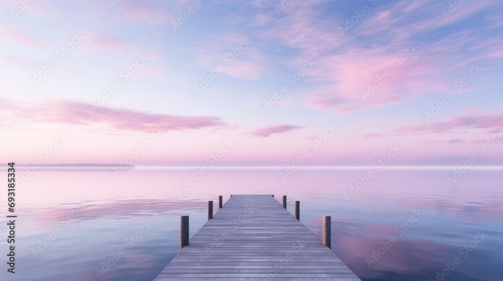  a wooden dock in the middle of a body of water under a pink and blue sky with wispy clouds over the water and a small island in the distance.