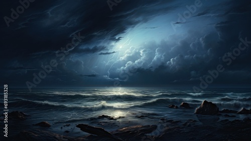  a painting of a storm over a body of water with rocks in the foreground and a full moon in the middle of the sky overcast sky above the water.