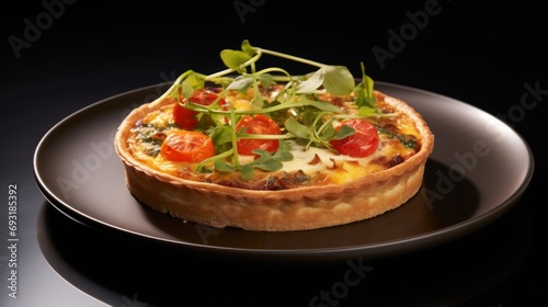  a quiche with tomatoes, cheese, and greens on a black plate on a black tablecloth on a black tablecloth with a black plate with a black background.