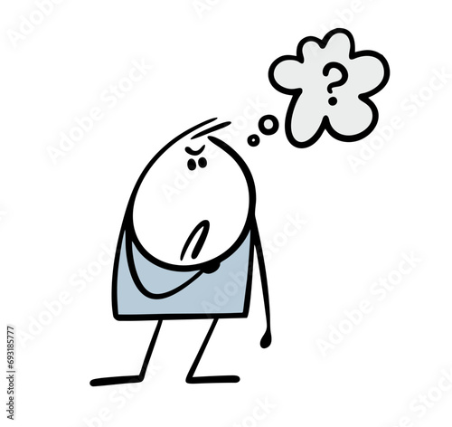 Doodle strict stickman frowns and reflects. Vector illustration, important information, a question mark in comic book. Isolated cartoon stickman caricature on white background.