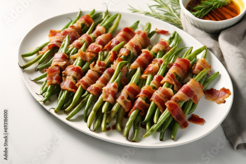 Grilled green asparagus wrapped with bacon. Bacon wrapped roasted green bean bundles in serving platter. Generative AI
