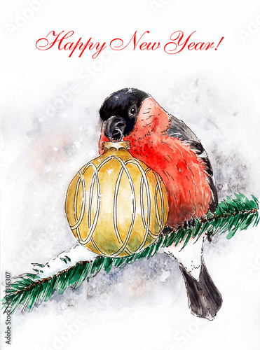New Year greeting card with bullfinch and toy