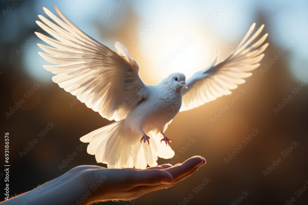 Fototapeta premium Hand holding a white dove in sunny day. Hope and freedom concept. Generative AI