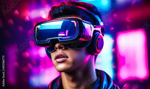 Futuristic young male with stylish haircut immersed in virtual reality with neon lights reflecting off VR headset in a cyber world © Bartek