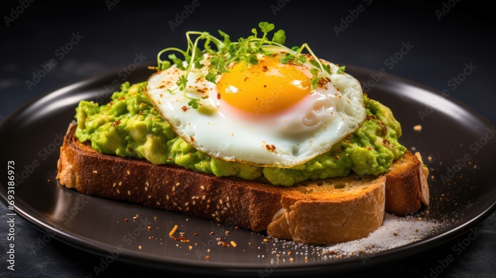  an egg is on top of a toast with avocado and sprout sprouts on top of the toast on a black plate on a table.