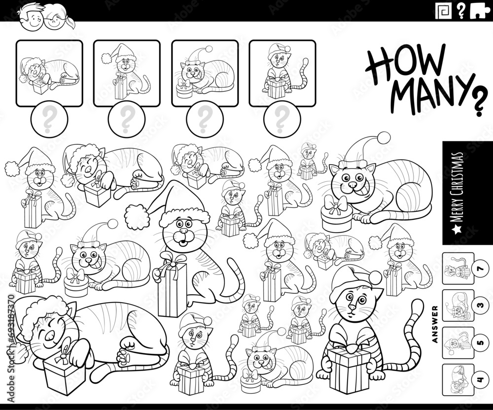Obraz premium counting activity with cartoon cats on Christmas coloring page