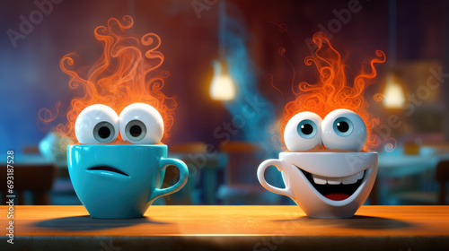 Two googly-eyed coffee cups engaged in a cheerful conversation, steam rising between them as they share a caffeine-infused chat, cartoon