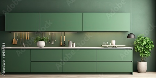 Minimalist interior design with a green kitchen, ed in . photo