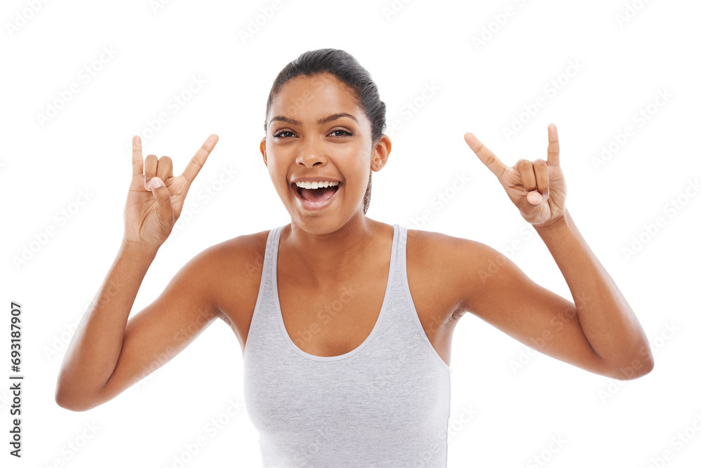 Happy woman, portrait and rock hands in fitness, health and wellness against a white studio background. Face of excited female person in gym clothing with sign, emoji or energy for exercise on mockup Happy woman, portrait and rock hands in fitness, health and wellness against a white studio background. Face of excited female person in gym clothing with sign, emoji or energy for exercise on mockup