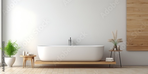 Blurred modern bathroom with bathtub and empty space for product display over a wood tabletop.