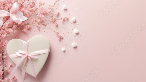 a gift box, gypsophila, heart confetti, an invitation envelope, against a pastel beige background with ample space for text, exudes love and simplicity.