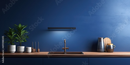 Modern style kitchen interior design with dark blue wall exhibited in a . photo