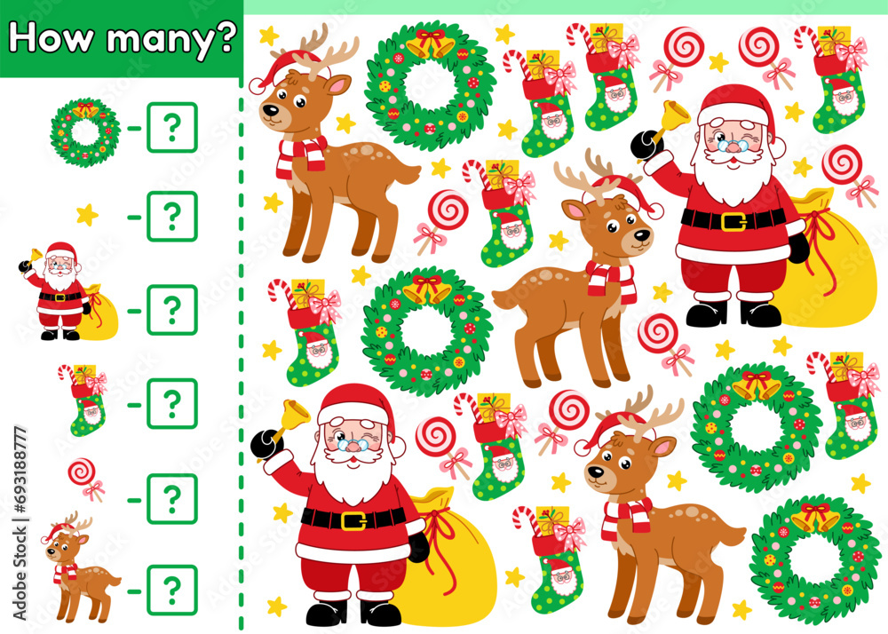 Counting game for children. Kids math game. How many Christmas objects. Count the Santa Claus, Xmas wreaths, reindeer, New Year socks. Educational worksheet for preschool and school education. Vector.