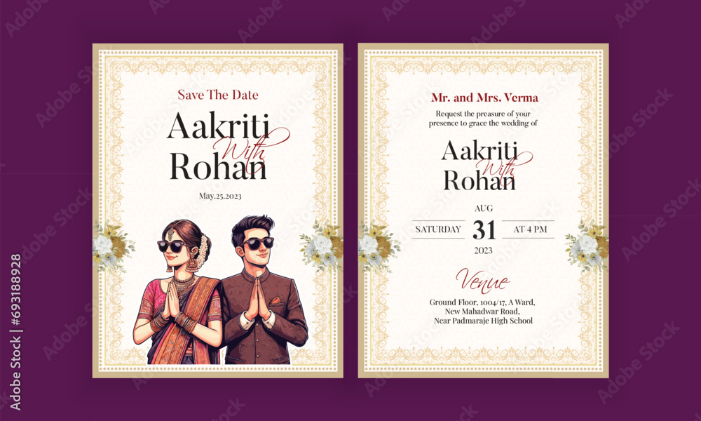 Traditional Royal Wedding Invitation card design with Bride and Groom Welcoming illustration  - obrazy, fototapety, plakaty 