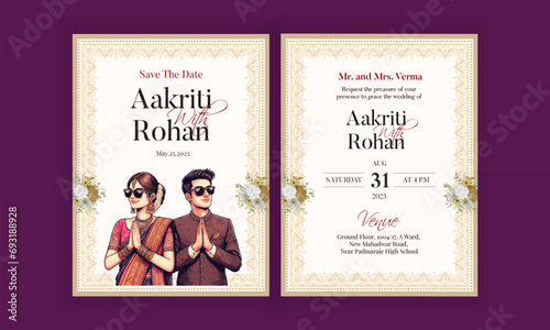 Traditional Royal Wedding Invitation card design with Bride and Groom Welcoming illustration 