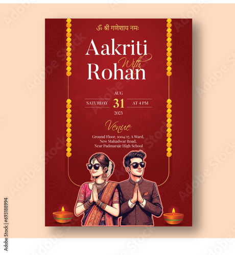 Traditional Royal Wedding Invitation card design with Bride and Groom Welcoming illustration 