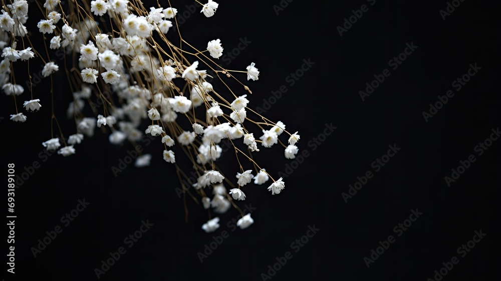 Obraz premium gypsophila or baby's breath flowers with a macro shot against a dark background, in a minimalist modern style, highlighting the delicate details in a visually striking manner.
