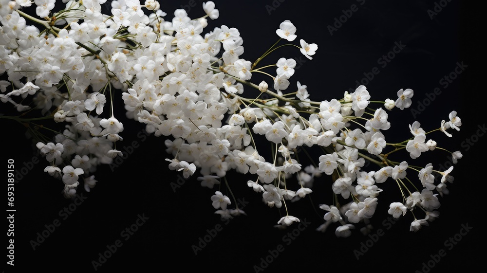 gypsophila or baby's breath flowers with a macro shot against a dark background, in a minimalist modern style, highlighting the delicate details in a visually striking manner. gypsophila or baby's breath flowers with a macro shot against a dark background, in a minimalist modern style, highlighting the delicate details in a visually striking manner.