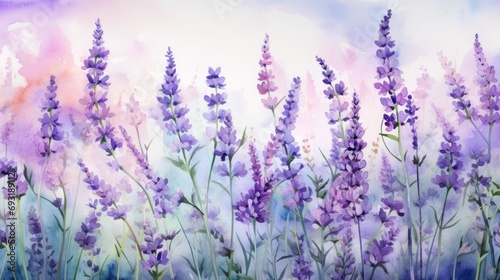  a painting of a field of lavender flowers with a blue sky in the back ground and a pink sky in the middle of the field in the middle of the background.