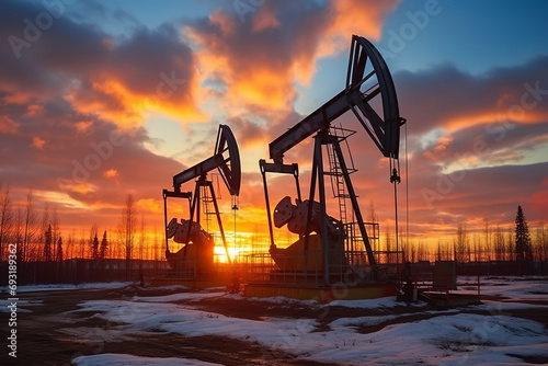 A oil pump is at sunset on the russian kiev