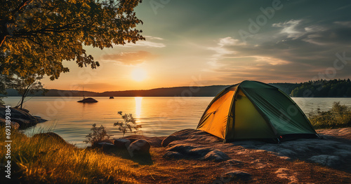 A tent pitched by the lake offers breathtaking views of the sunrise or sunset