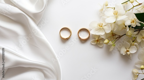 two gold rings placed on white satin alongside elegant wedding accessories, a chic wedding still life perfect for designing a postcard, invitation, or wedding cover. © lililia