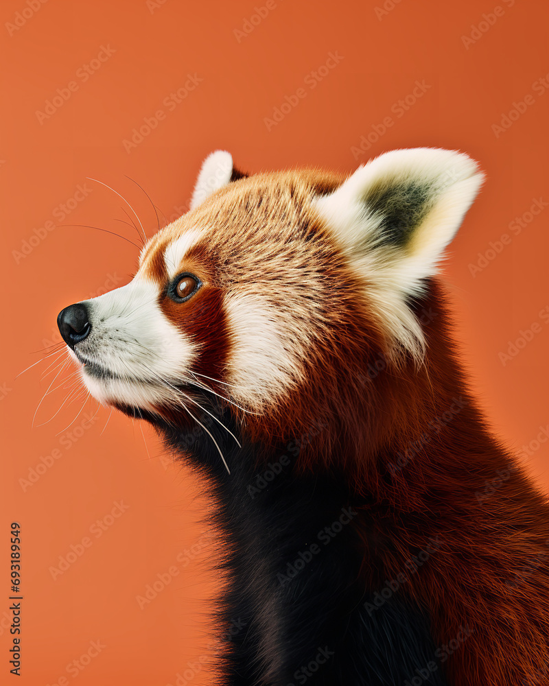 Obraz premium Close up side profile of a red panda isolated on plain colored background