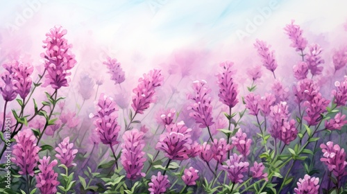  a painting of a field of lavender flowers with a blue sky and clouds in the background  with a painting of a field of lavender flowers in the foreground.