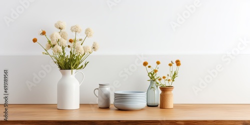 Minimal and cozy kitchen interior design for product branding or presentation, featuring a bright wood counter, white wall, and decorative items such as a vase, flower, and utensils.
